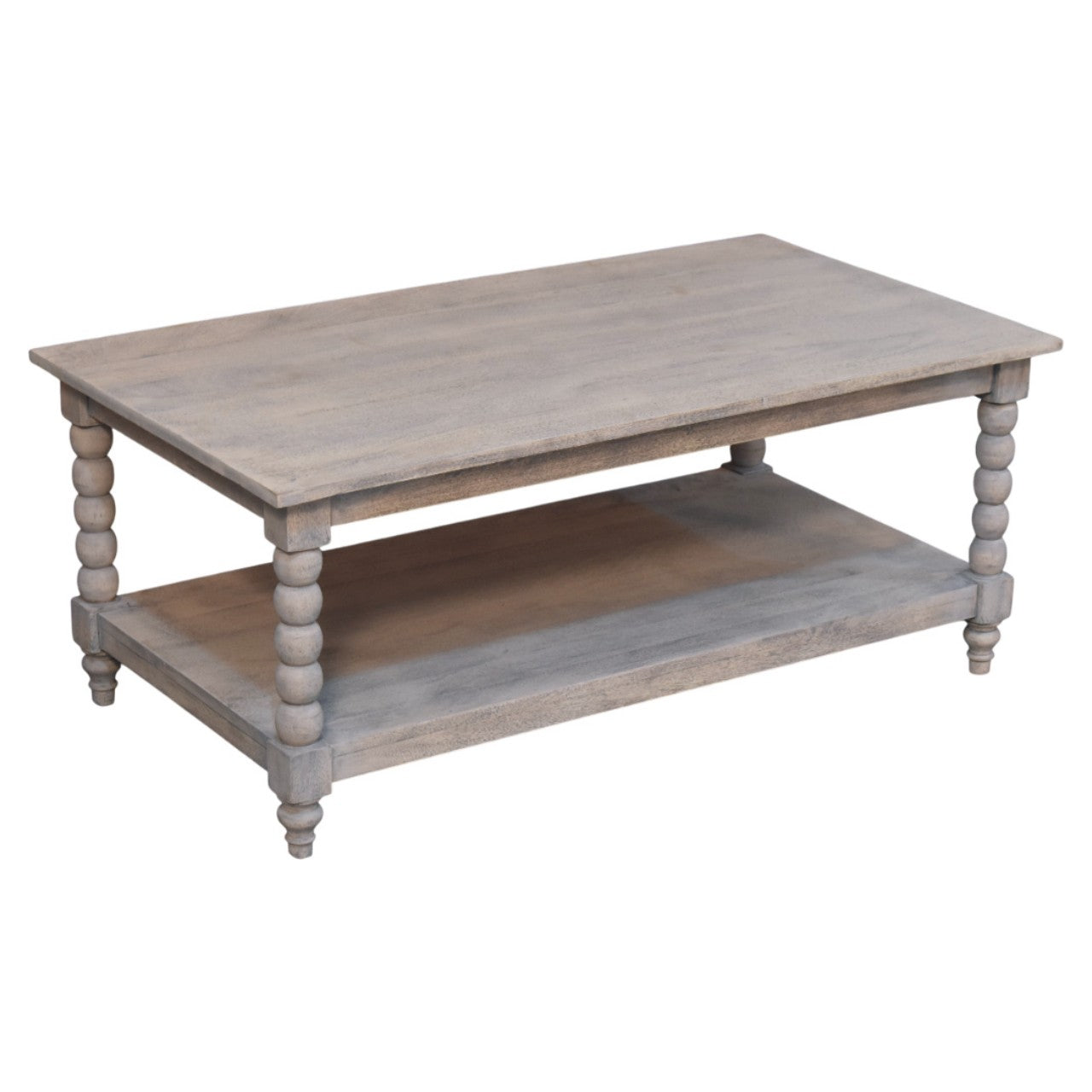 Gray distressed wood spindle washed coffee table with turned spindle legs and lower shelf for living room use