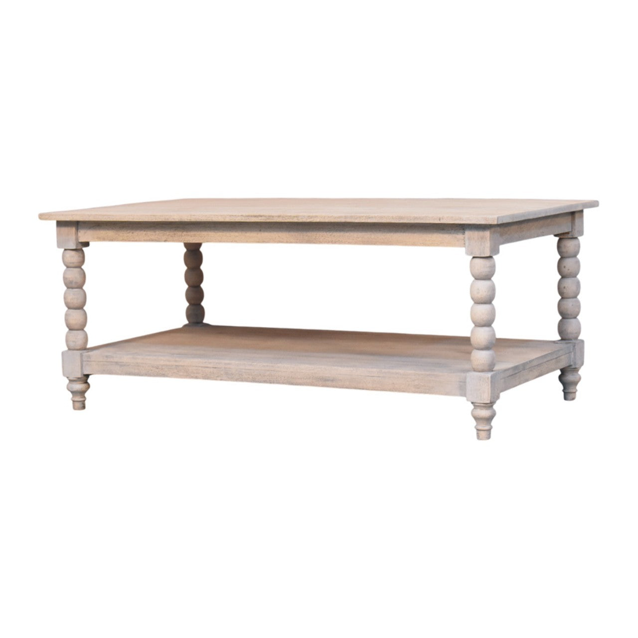 Light gray distressed wood spindle washed coffee table with turned spindle legs and a lower shelf for storage