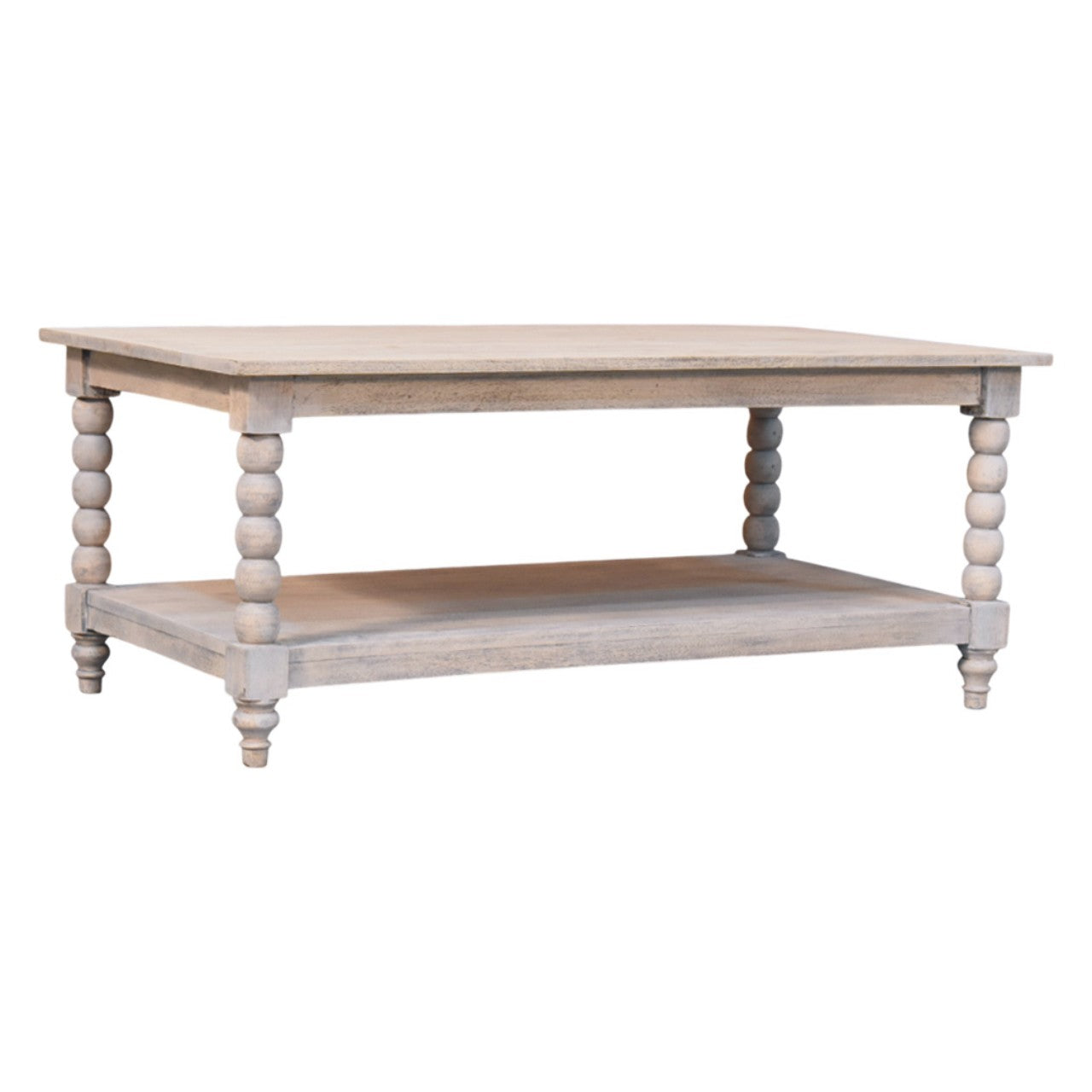 A rustic light gray distressed wood spindle washed coffee table with turned spindle legs and a lower shelf
