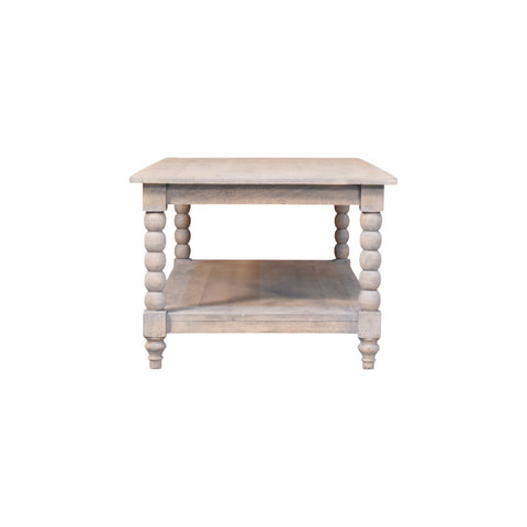 Rustic light gray distressed wood spindle washed coffee table with turned spindle legs and lower shelf