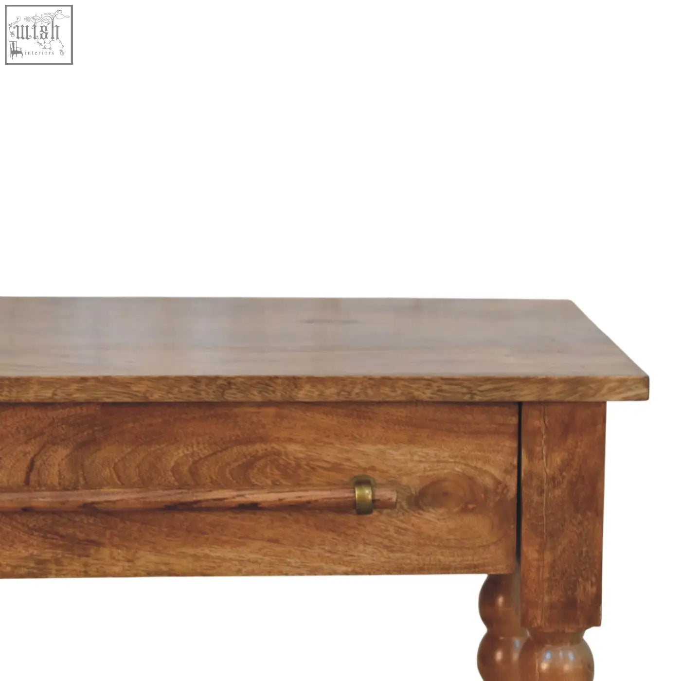 A rustic spindle woven console wooden coffee table with a single drawer and warm honey-toned finish with turned legs