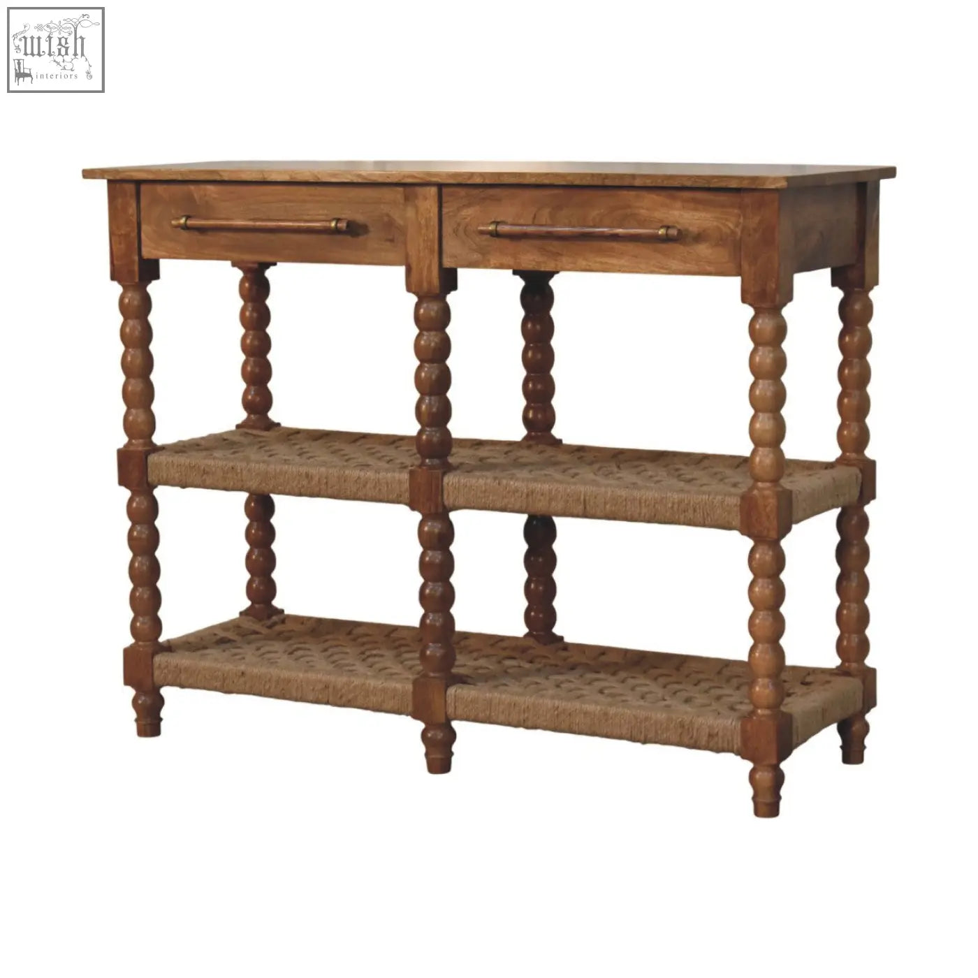Rustic wooden spindle woven console table with two drawers three woven shelves and turned spindle legs
