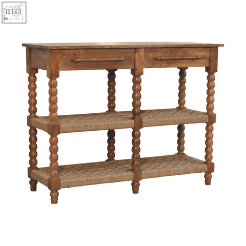 Rustic wooden spindle woven console table with two drawers three woven shelves and turned spindle legs