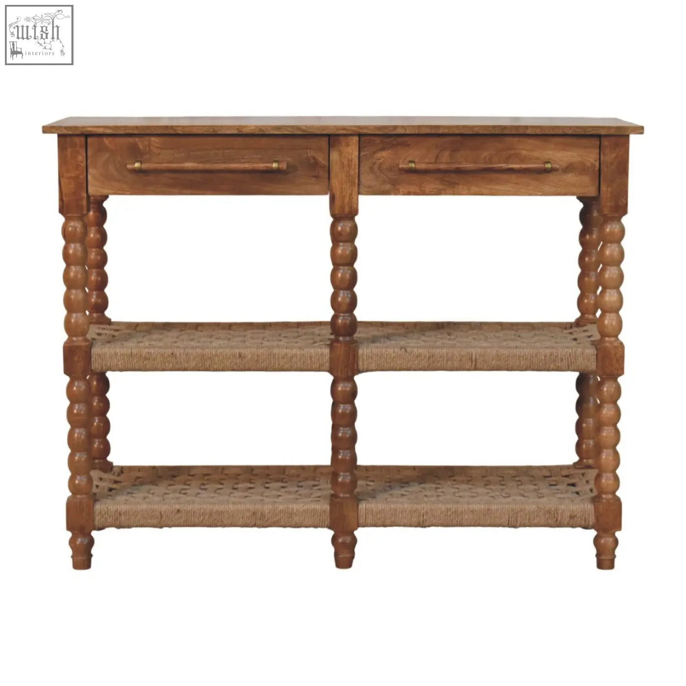 Wooden spindle woven console table with two drawers three woven shelves and turned spindle legs in natural wood finish