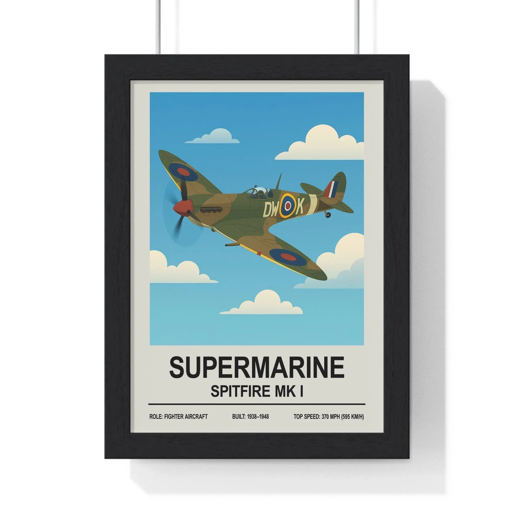 Black-framed spitfire poster featuring a vintage olive green supermarine spitfire mk i against a blue sky highlighting historical significance