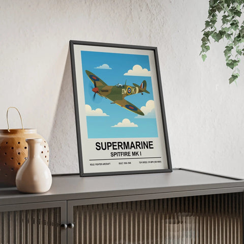 A framed spitfire poster featuring an olive green supermarine spitfire mk i aircraft against a blue sky background