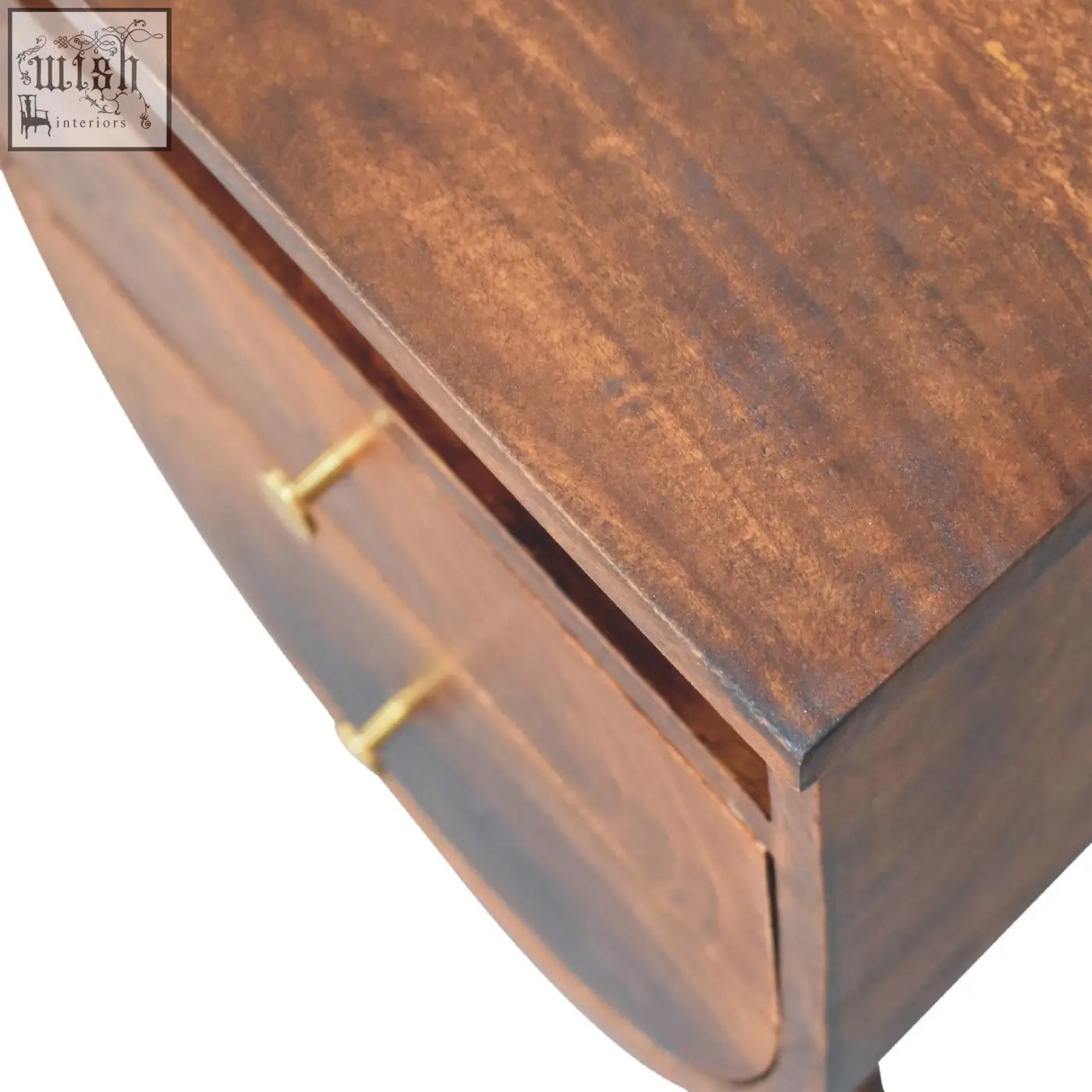 Dark brown split chestnut bedside table with curved drawers and gold handles for solid mango wood storage