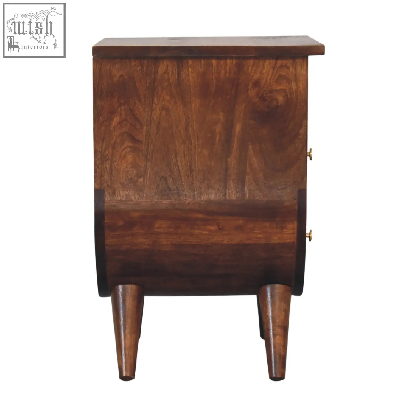 Dark brown split chestnut bedside table with curved sides solid mango wood and brass handles for bedside storage