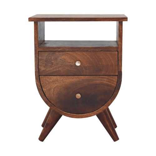 Dark brown split chestnut bedside table with two drawers and brass knobs for solid mango wood bedside storage