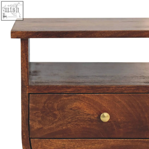 Dark brown split chestnut bedside table with single drawer and round brass knob for bedside storage