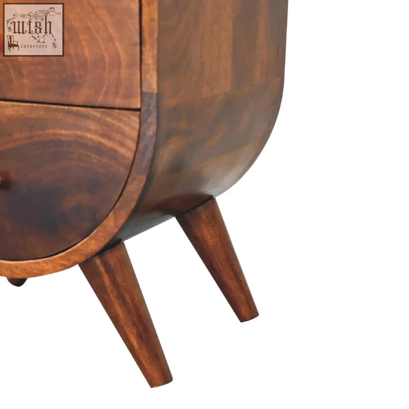 Mid-century modern split chestnut bedside table with curved sides two drawers solid mango wood bedside storage