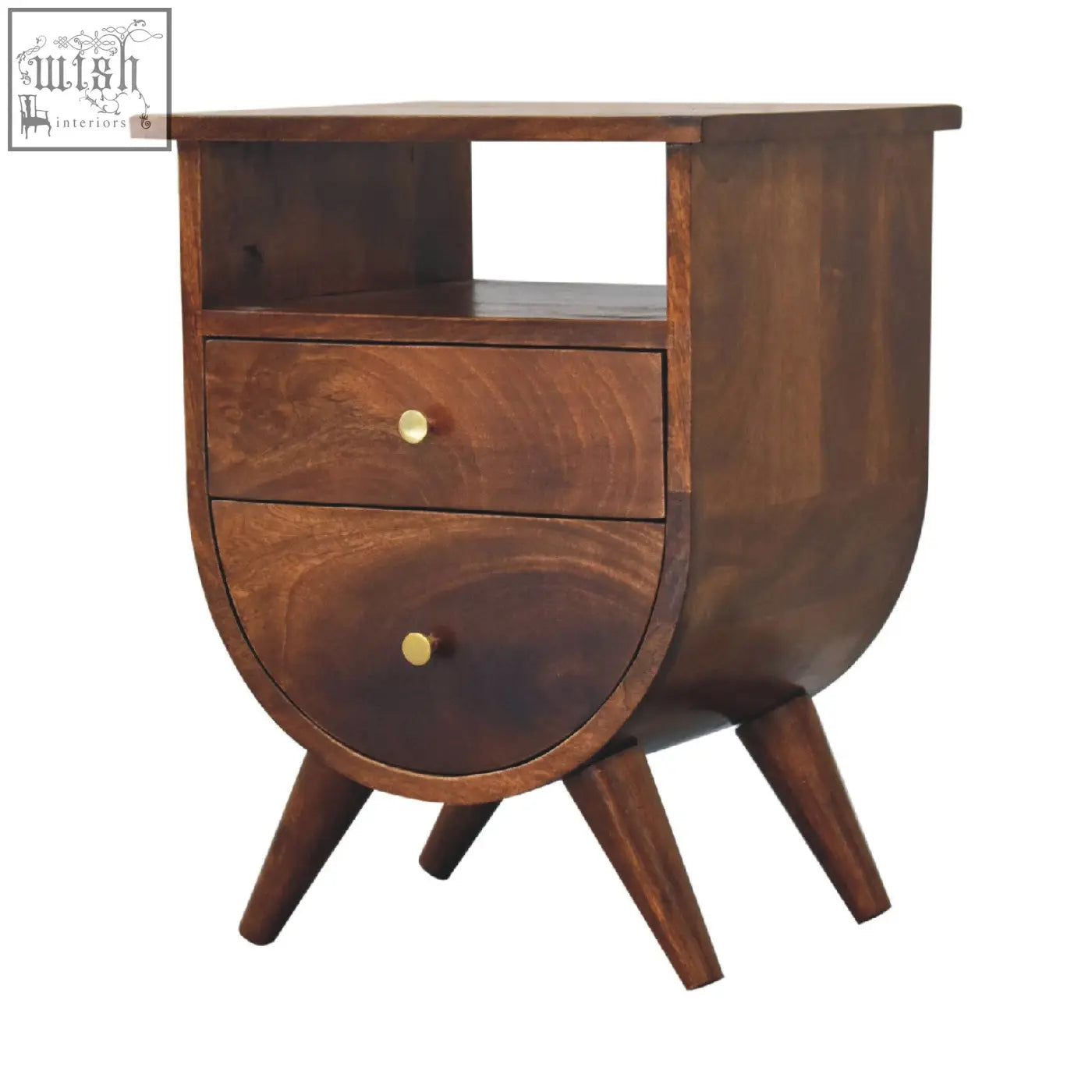 Mid-century modern split chestnut bedside table with two curved drawers, brass knobs, and solid mango wood tapered legs
