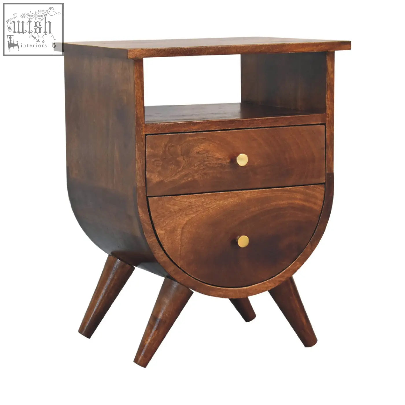 Mid-century modern split chestnut bedside table with two curved drawers and tapered legs for bedside storage