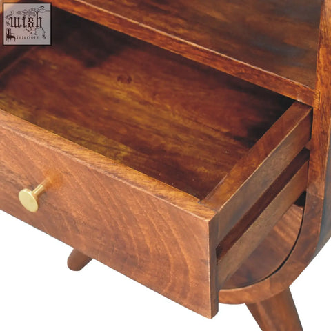 Split chestnut bedside table with rich brown solid mango wood, single drawer, brass knob, and curved legs for storage