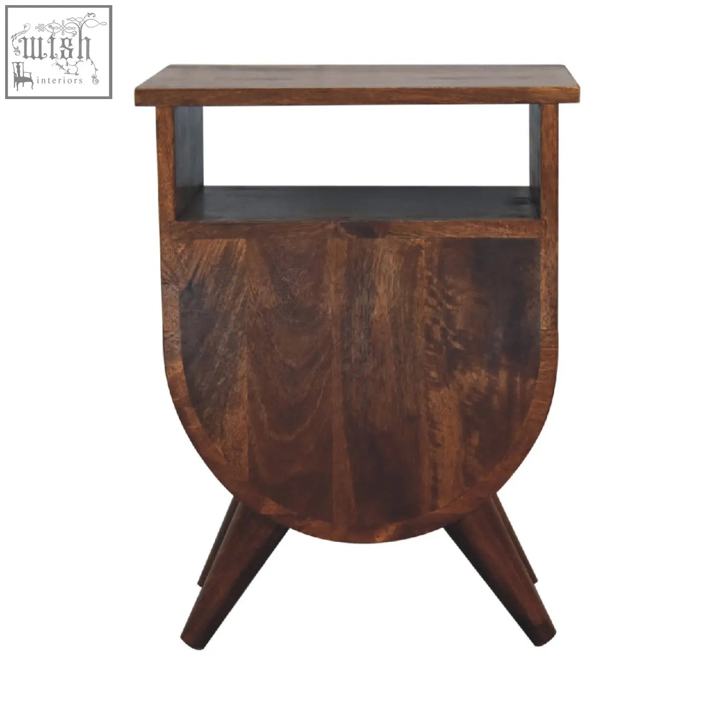 Rustic dark brown split chestnut bedside storage table with curved lower section open shelf and tapered legs