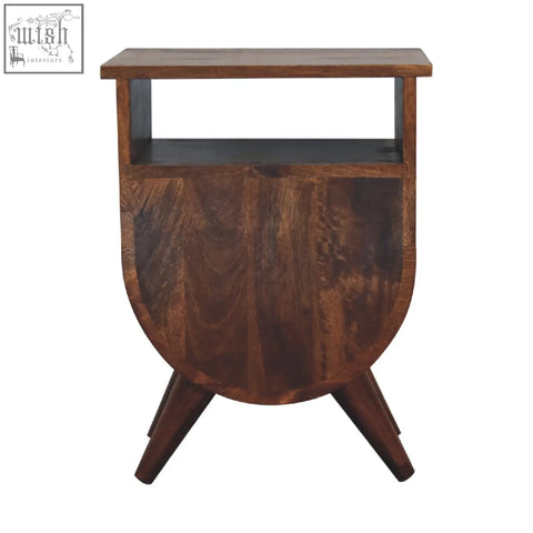 Rustic dark brown split chestnut bedside storage table with curved lower section open shelf and tapered legs