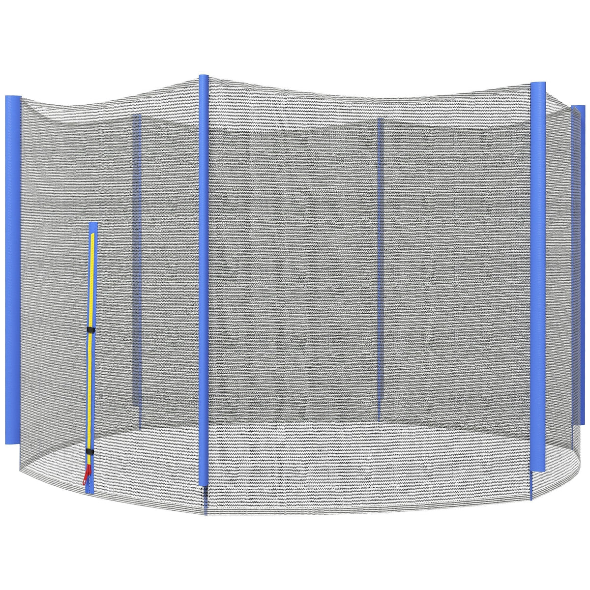 Blue-framed 10ft trampoline safety enclosure with gray mesh panels and zipped entrance poles not included