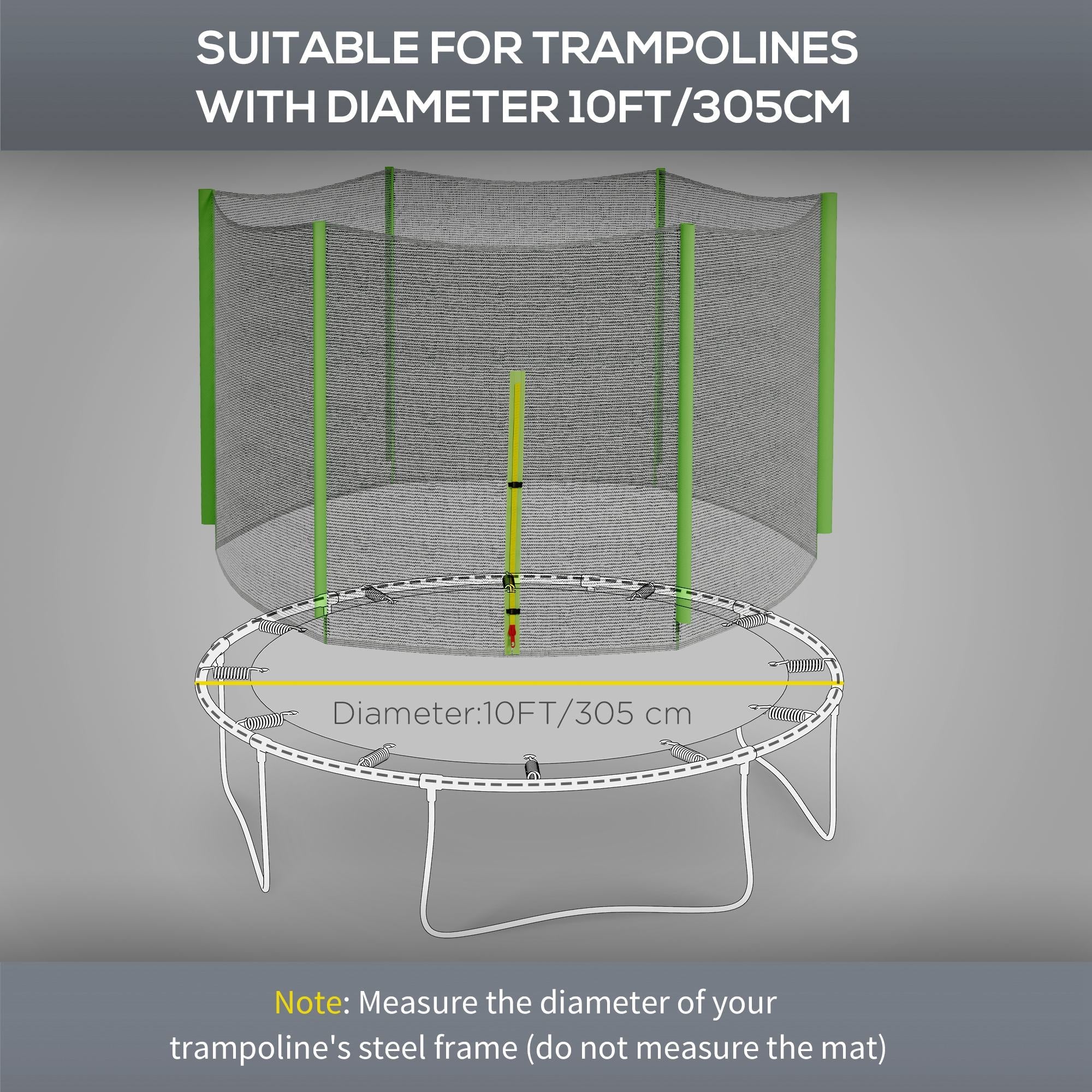 Green 10ft trampoline safety enclosure net with zipped entrance and 6 plastic pole covers poles not included