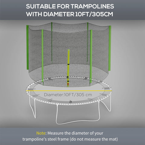 Green 10ft trampoline safety enclosure net with zipped entrance and 6 plastic pole covers poles not included
