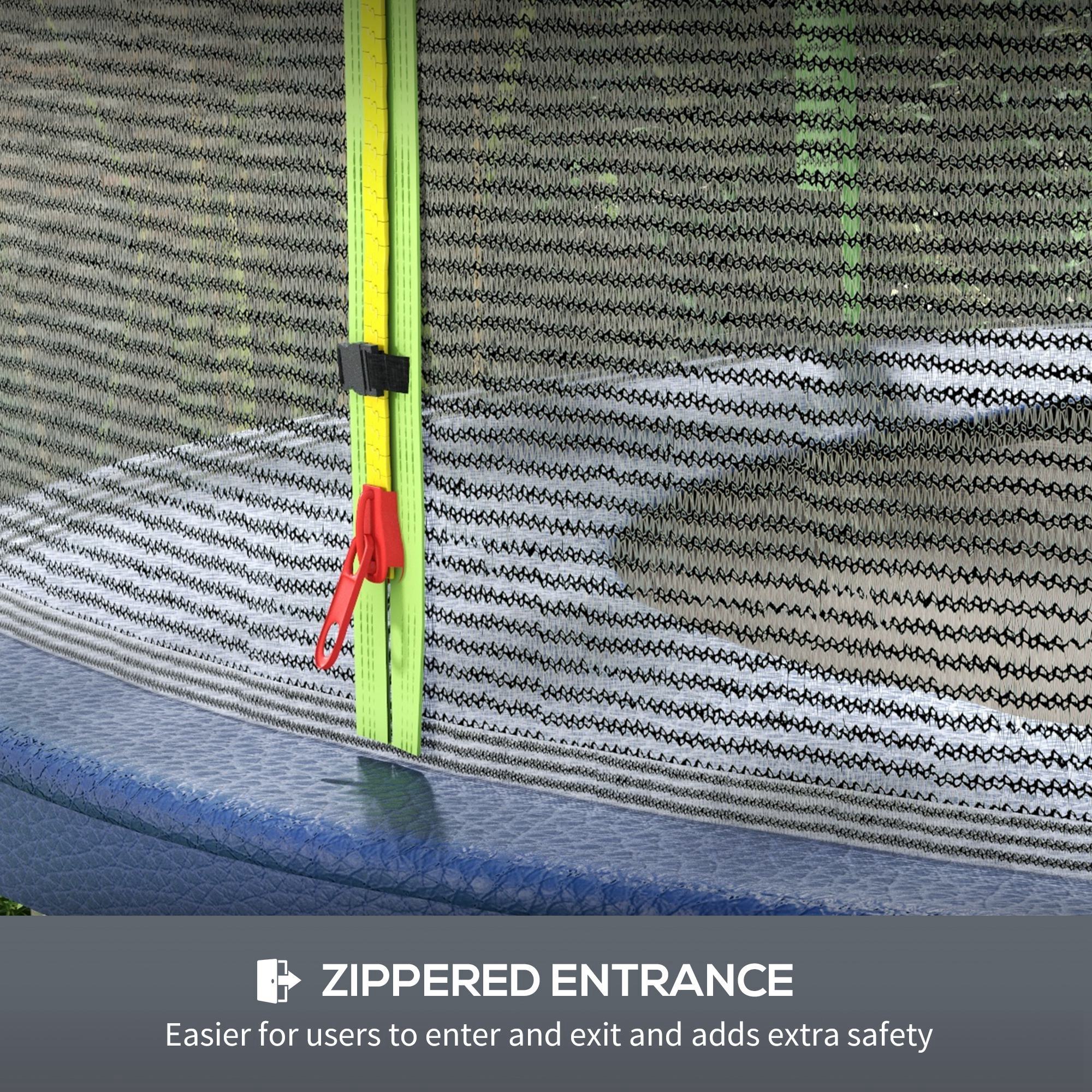 Bright green zipper track with red pull tab on sportnow 10ft trampoline safety enclosure netting without poles included
