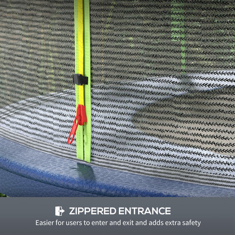 Bright green zipper track with red pull tab on sportnow 10ft trampoline safety enclosure netting without poles included