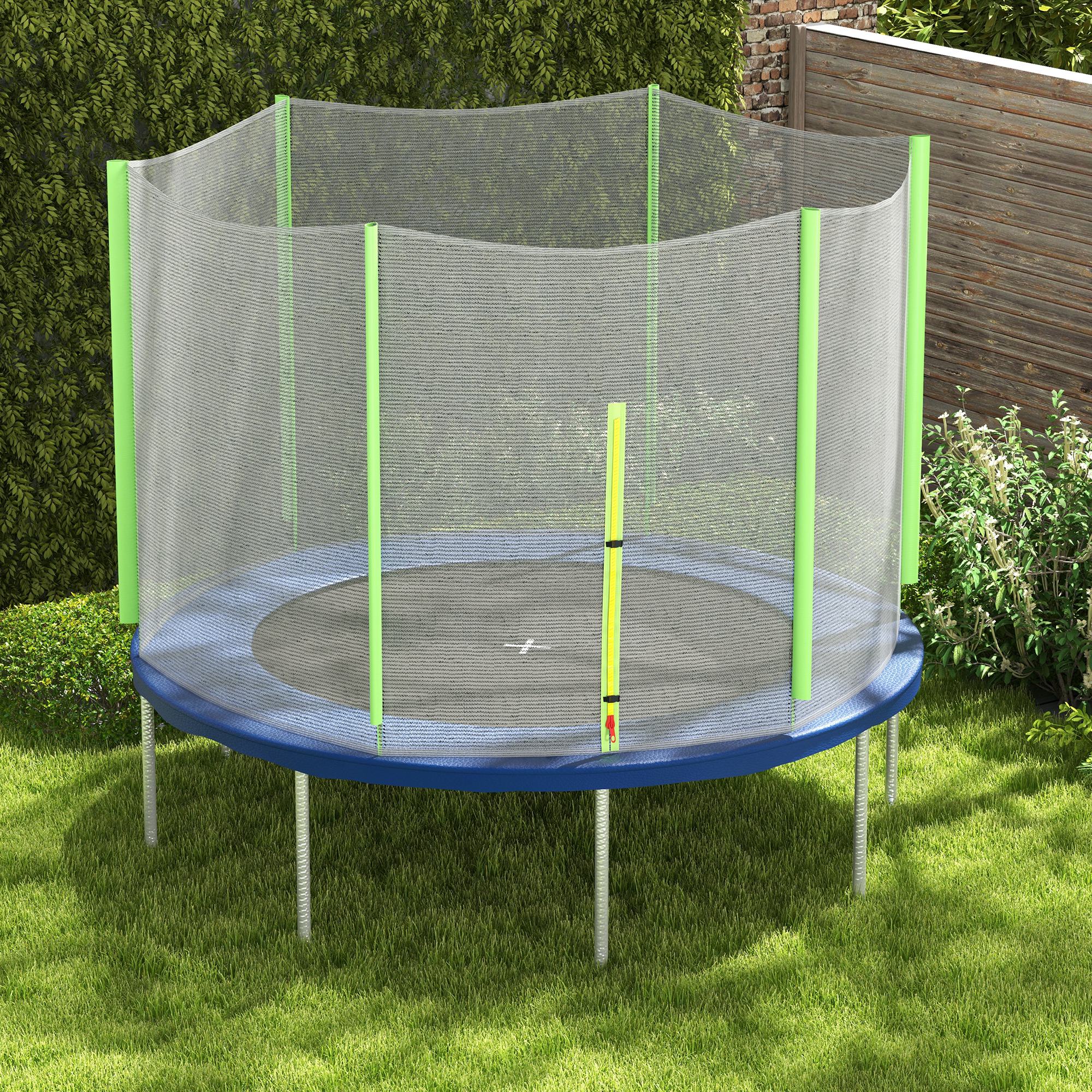 Blue and green 10ft trampoline safety enclosure net replacement with zipped entrance and plastic pole covers poles not included