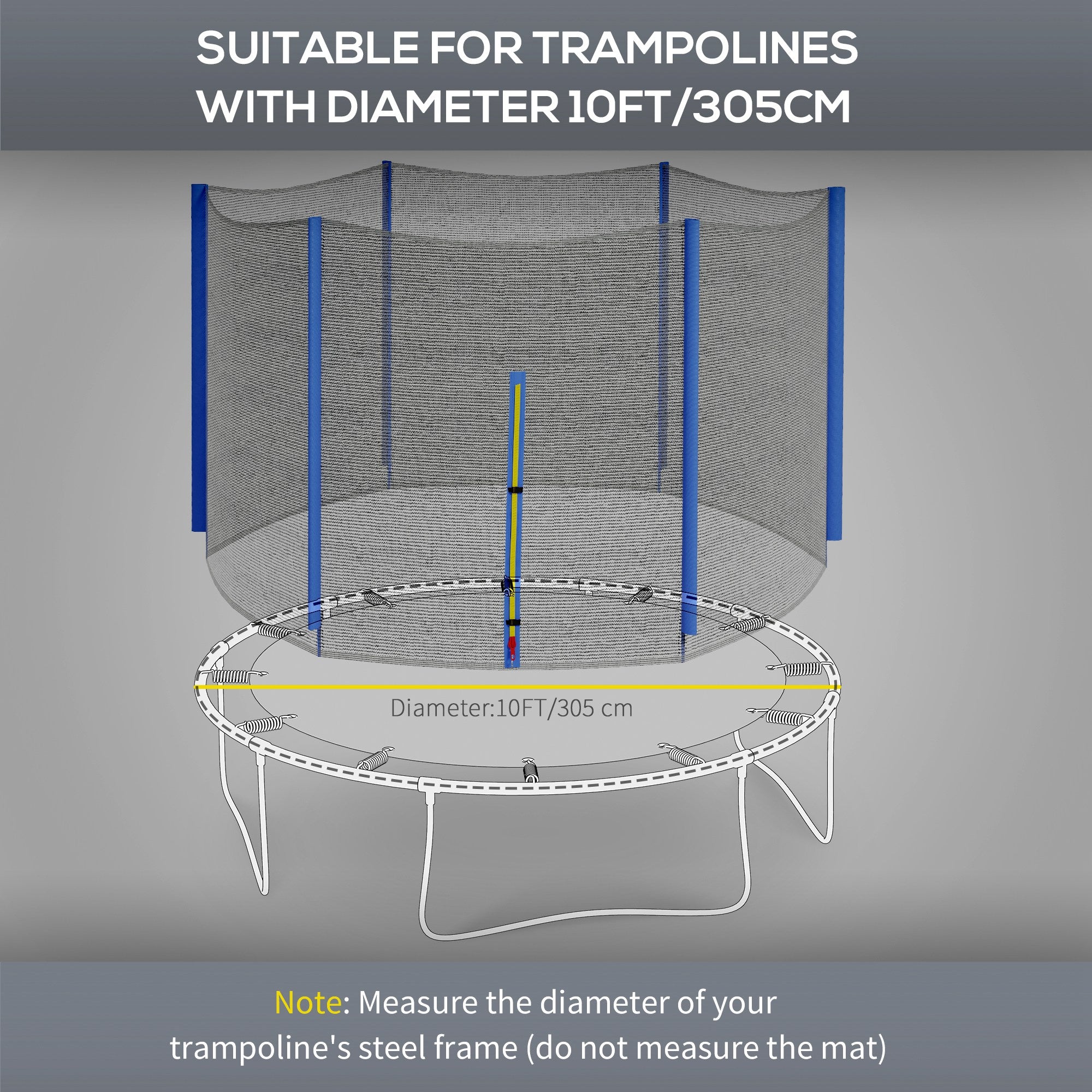 Blue safety enclosure net with mesh and six plastic pole covers for 10ft trampoline poles not included