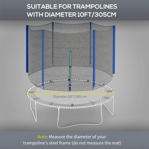 Blue safety enclosure net with mesh and six plastic pole covers for 10ft trampoline poles not included