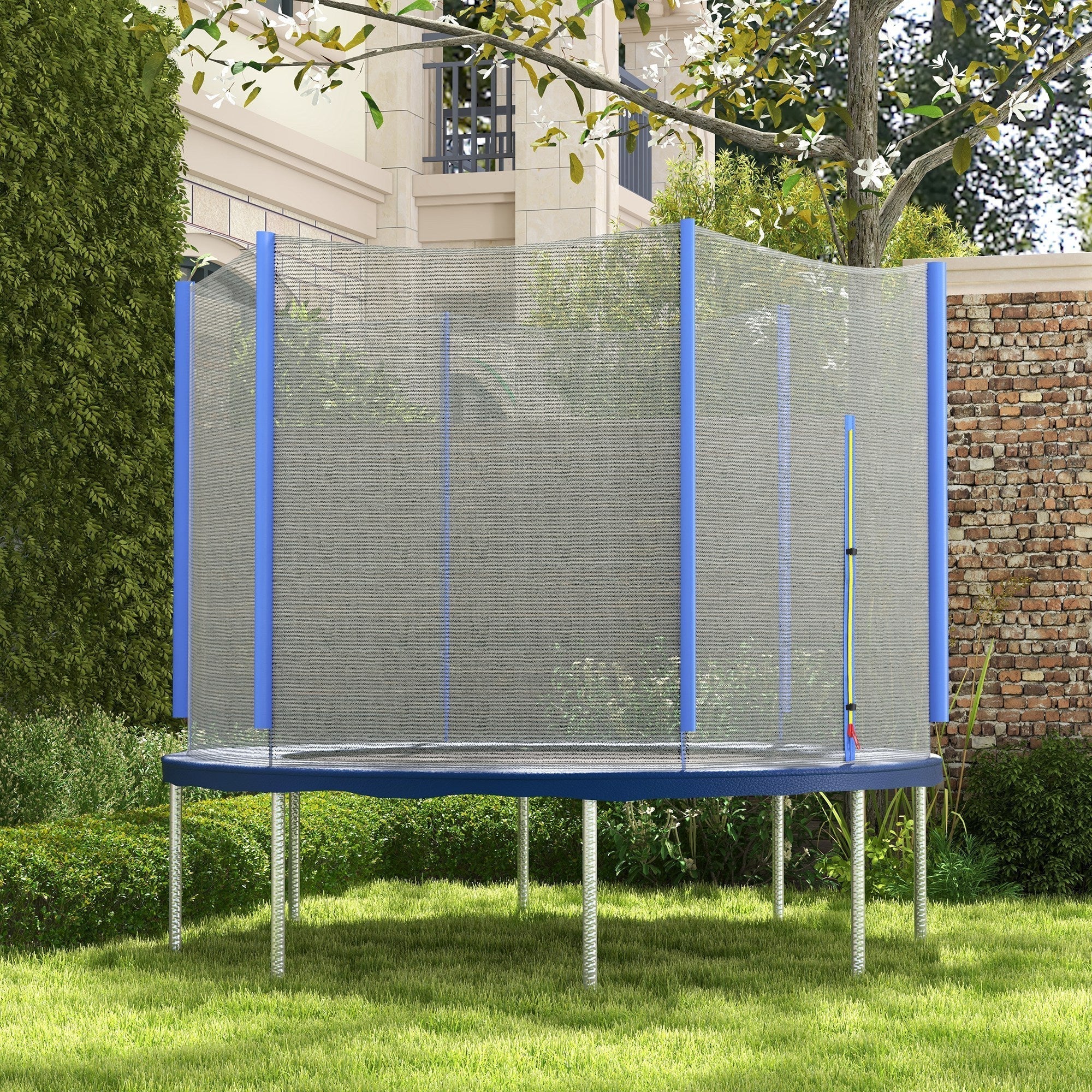 Blue-framed 10ft trampoline with safety enclosure net replacement and 6 plastic pole covers poles not included