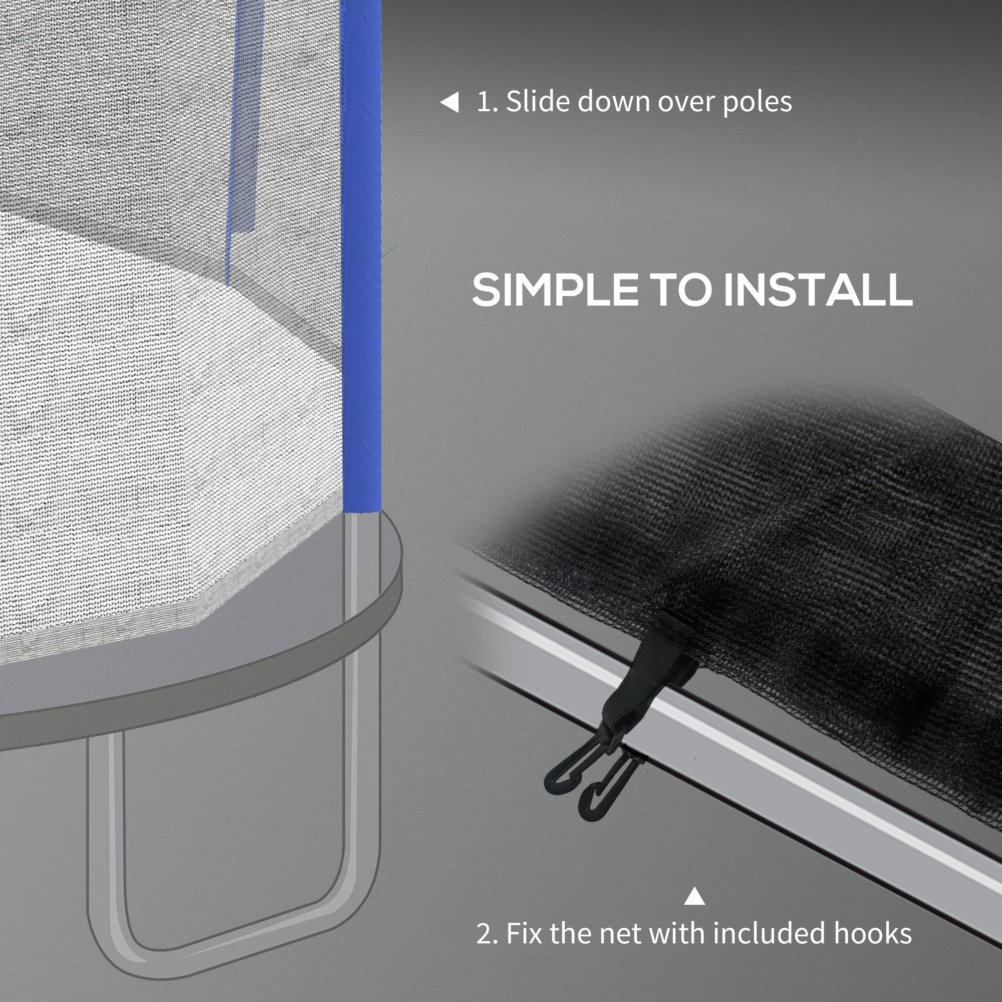 Black mesh safety enclosure net with black plastic hooks for 10ft trampoline replacement poles not included