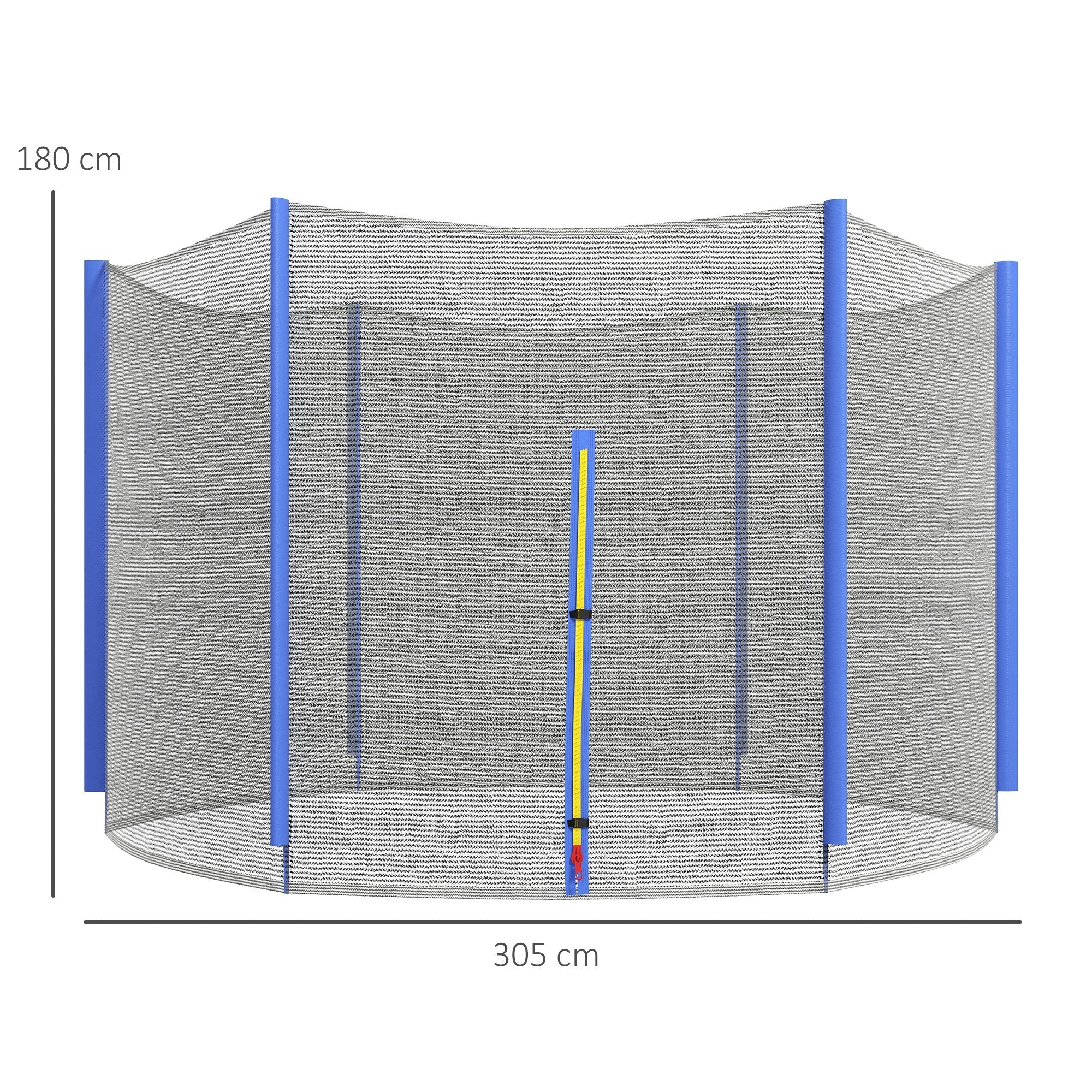 Blue framed 10ft trampoline safety enclosure net with gray mesh and vertical support poles 180cm high and 305cm wide