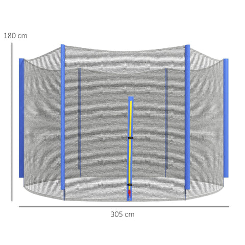 Blue framed 10ft trampoline safety enclosure net with gray mesh and vertical support poles 180cm high and 305cm wide