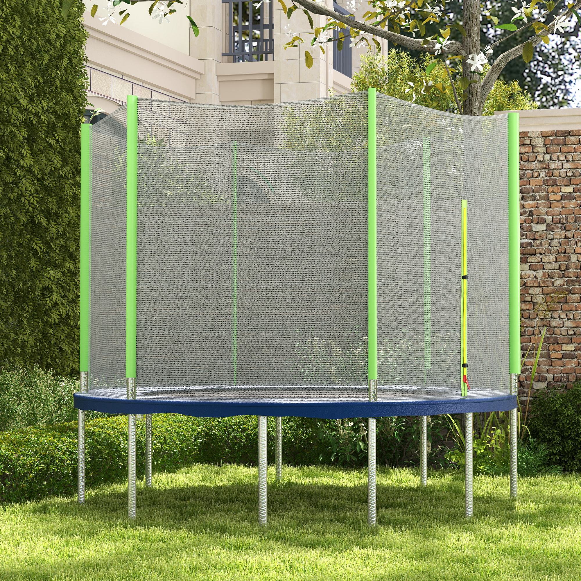 A round blue 10ft trampoline safety enclosure with bright green poles included and zipped weather-resistant netting