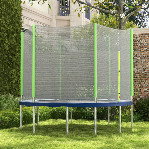 A round blue 10ft trampoline safety enclosure with bright green poles included and zipped weather-resistant netting