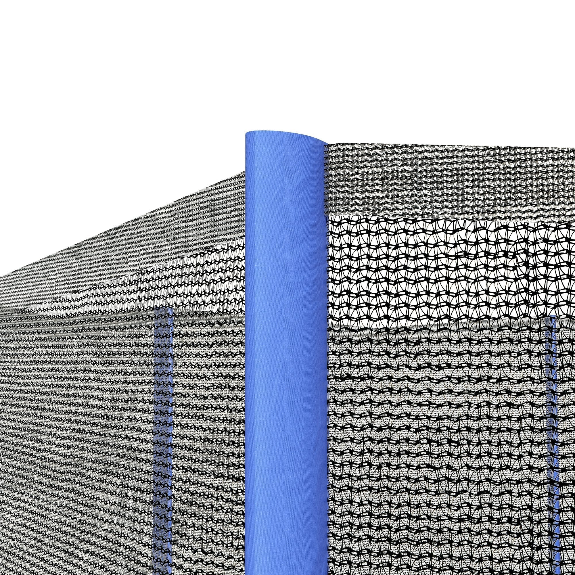 Black mesh safety enclosure for 10ft trampoline with blue rolled edge and weather-resistant netting poles not included