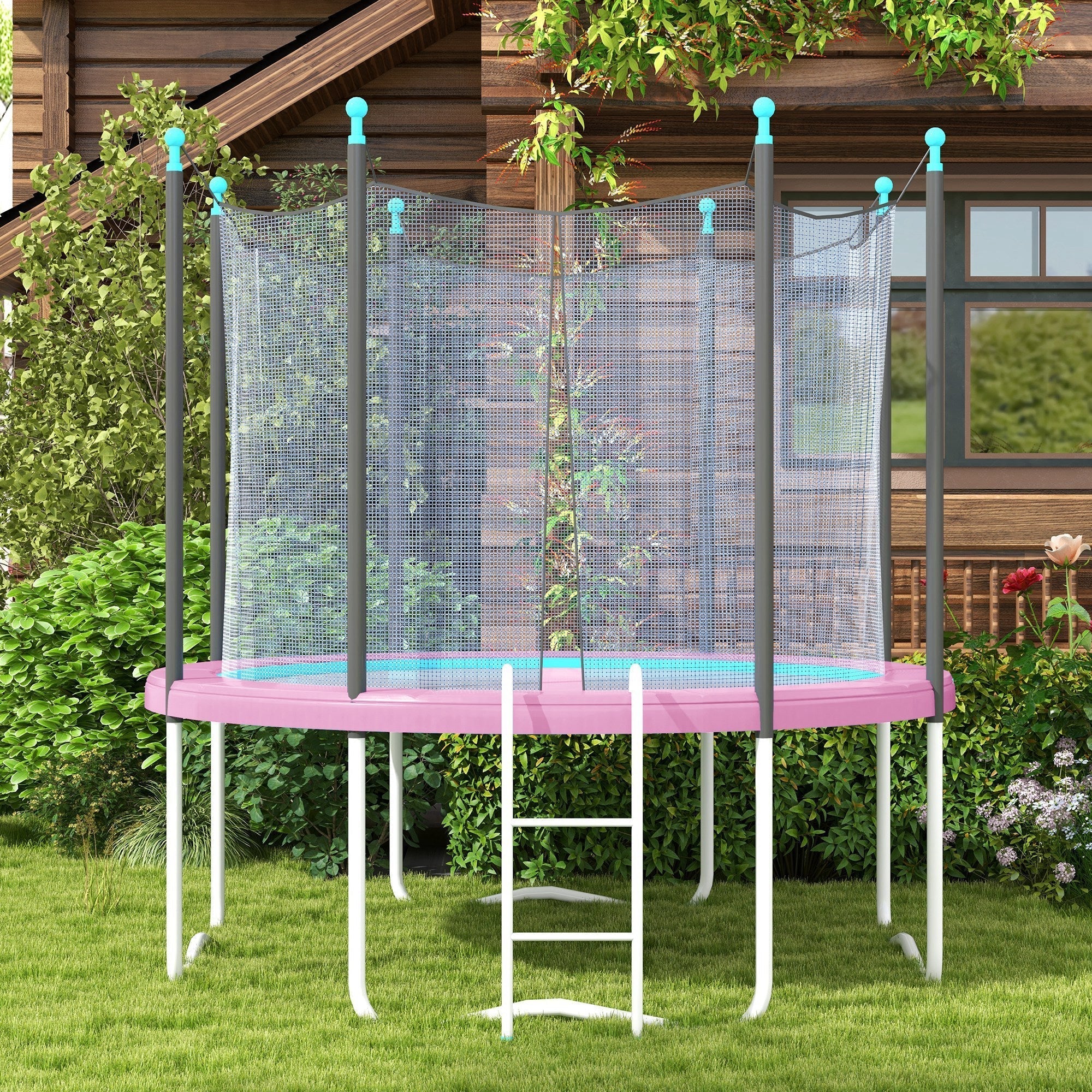 Pink sportnow 12ft trampoline with gray safety net turquoise poles featuring a waterproof tear-resistant spring cover pad