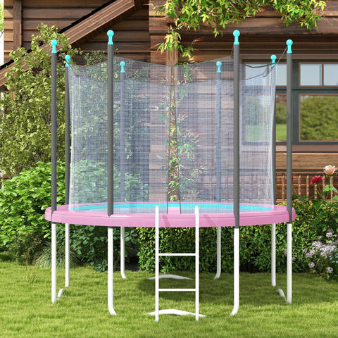 Pink sportnow 12ft trampoline with gray safety net turquoise poles featuring a waterproof tear-resistant spring cover pad