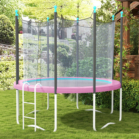 Pink and gray sportnow 12ft trampoline with safety net white legs and teal top caps perfect for all-weather use