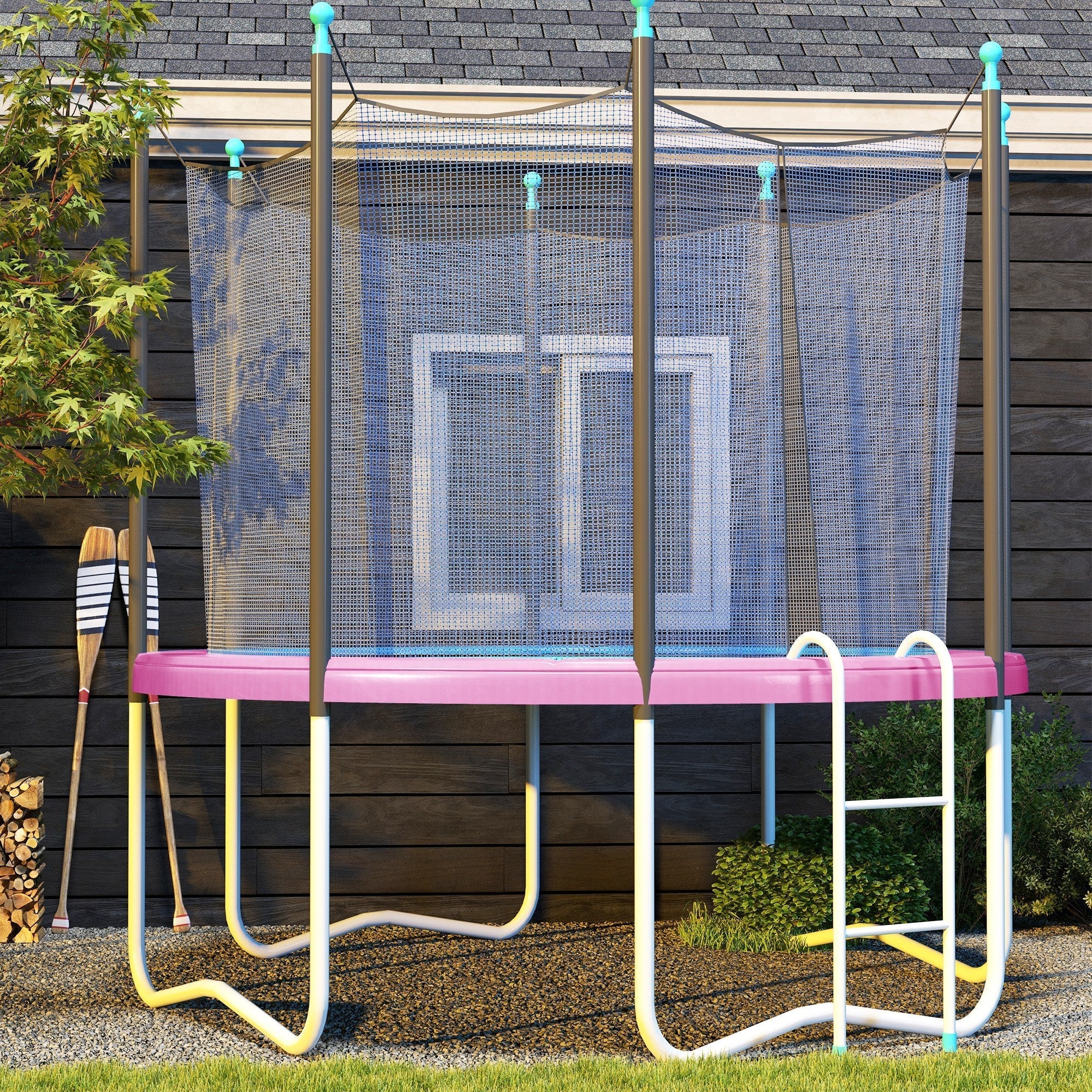 Pink and yellow sportnow 12ft trampoline with waterproof uv resistant spring cover and safety net enclosure