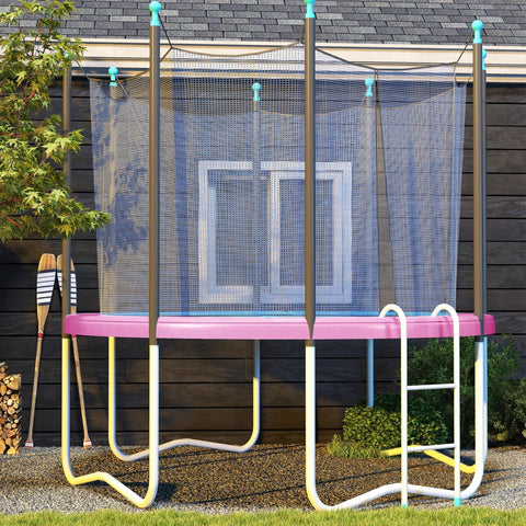 Pink and yellow sportnow 12ft trampoline with waterproof uv resistant spring cover and safety net enclosure