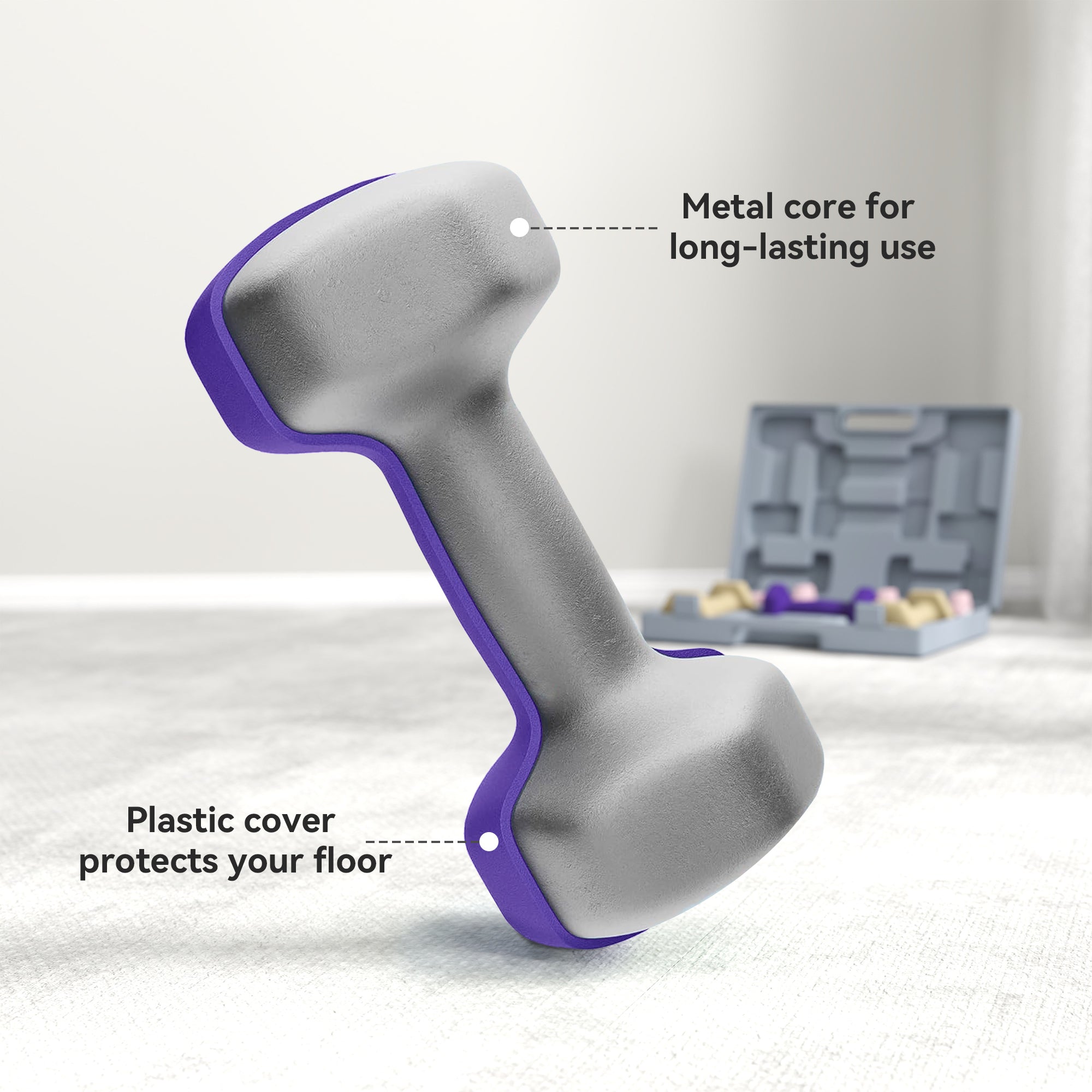 Gray and purple hex dumbbell with smooth pu casing and metal core from sportnow six colour-coded dumbbells set with carry case
