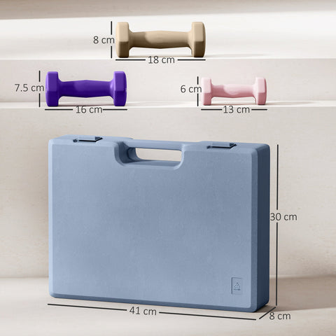 Light blue carry case with handle and latches holding six colour-coded dumbbells with smooth pu casing for home gym use