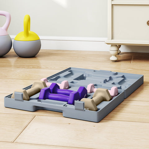 Gray plastic carry case holding six colour-coded purple and beige hex dumbbells with smooth pu casing for home gym use