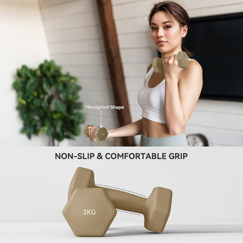 Beige 3kg hex dumbbell with smooth pu casing and non-slip grip from sportnow six colour-coded dumbbells set with carry case