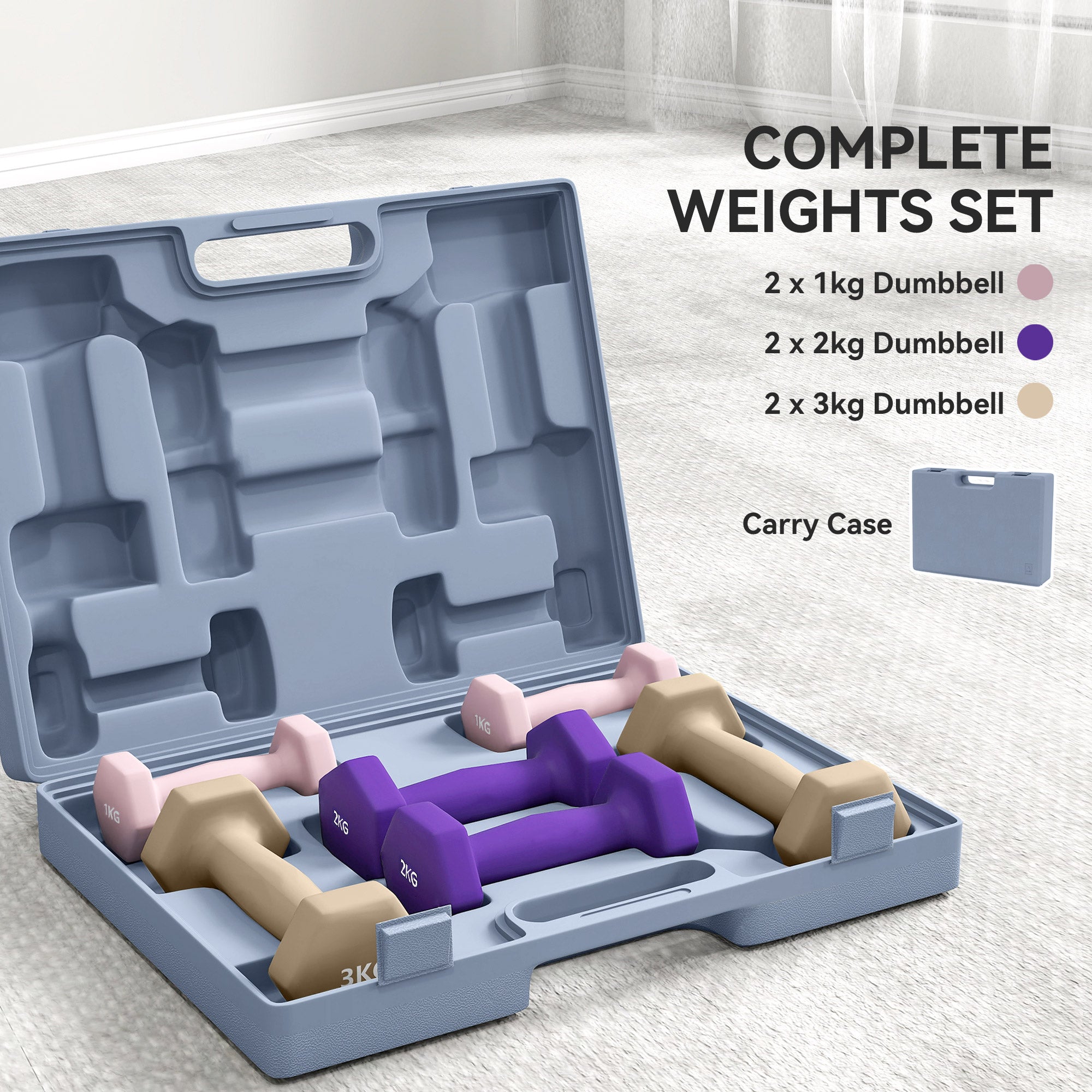 Sportnow 12kg hex dumbbells set with six colour-coded smooth pu casing weights and a matching gray carry case for home gym