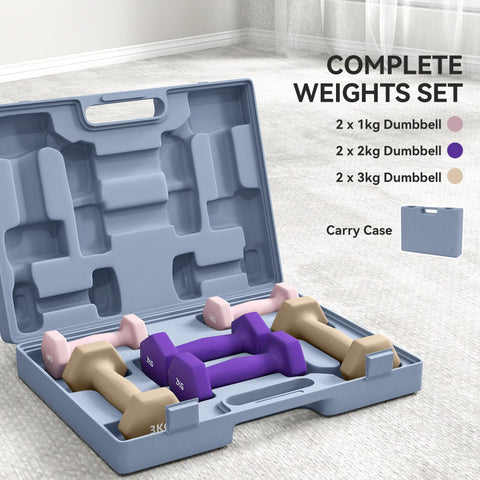 Sportnow 12kg hex dumbbells set with six colour-coded smooth pu casing weights and a matching gray carry case for home gym