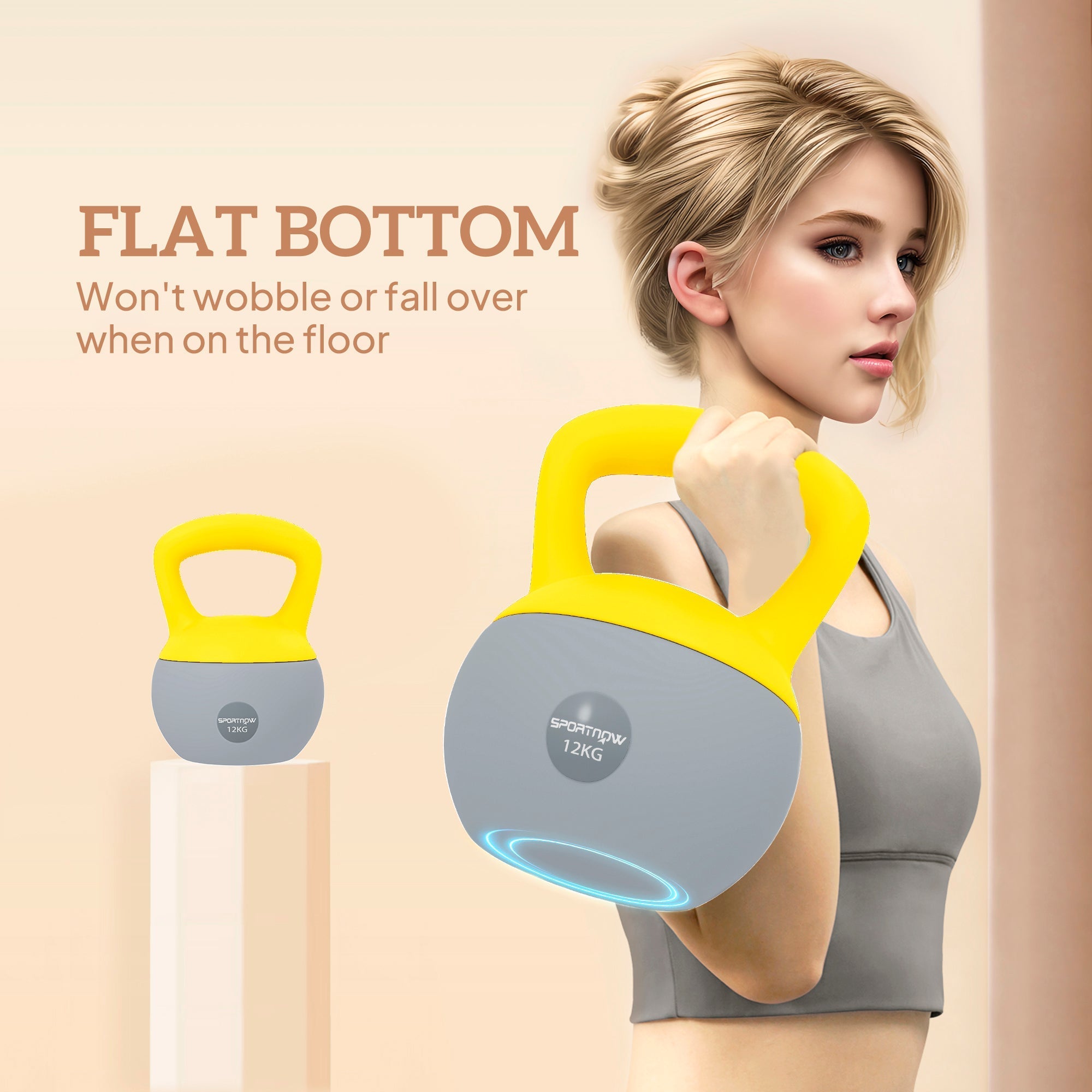Sportnow 12kg soft kettlebell with yellow gray color non-slip handle and flat bottom for strength training