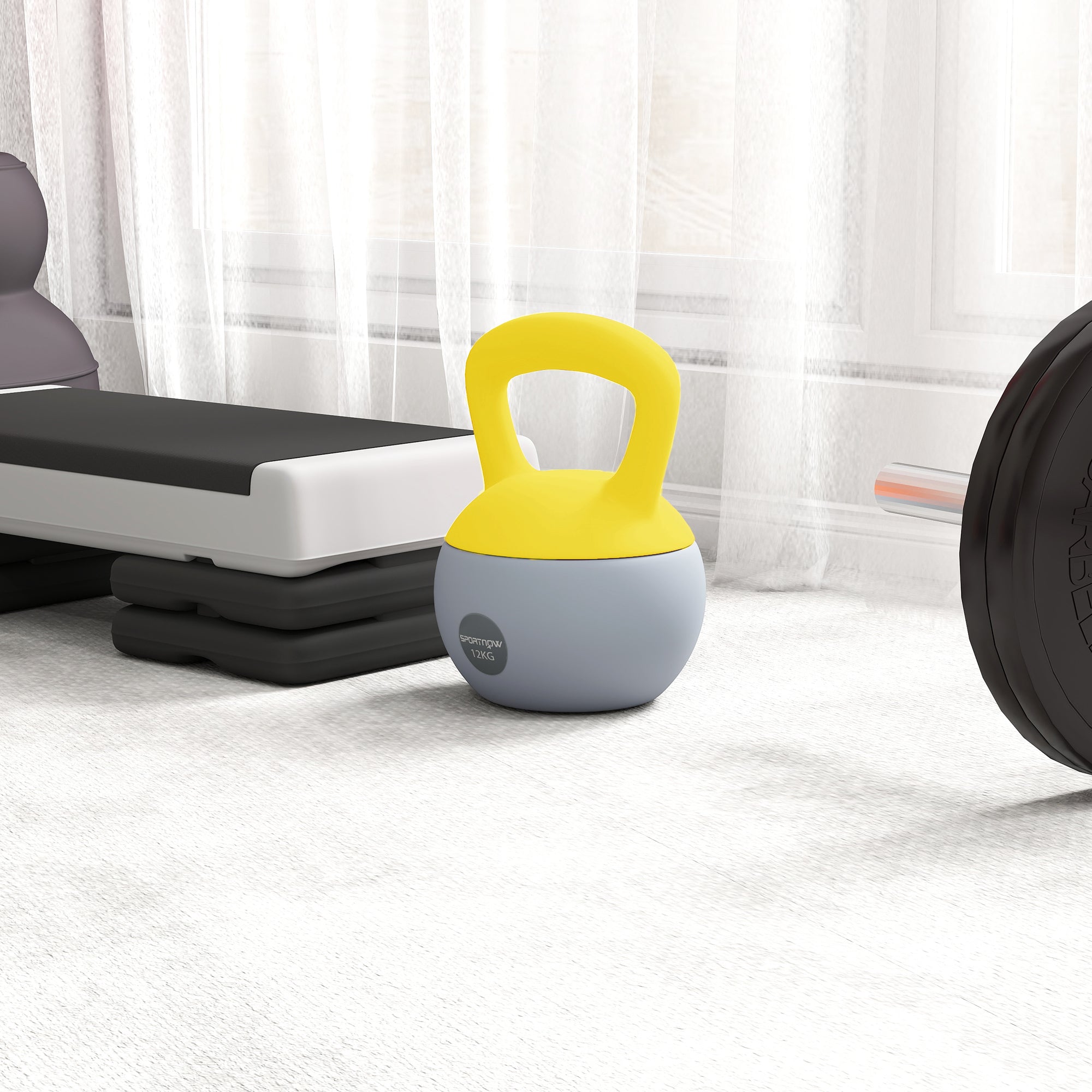 A vibrant yellow and gray sportnow 12kg soft kettlebell with non-slip handle filled with metal sand for strength training