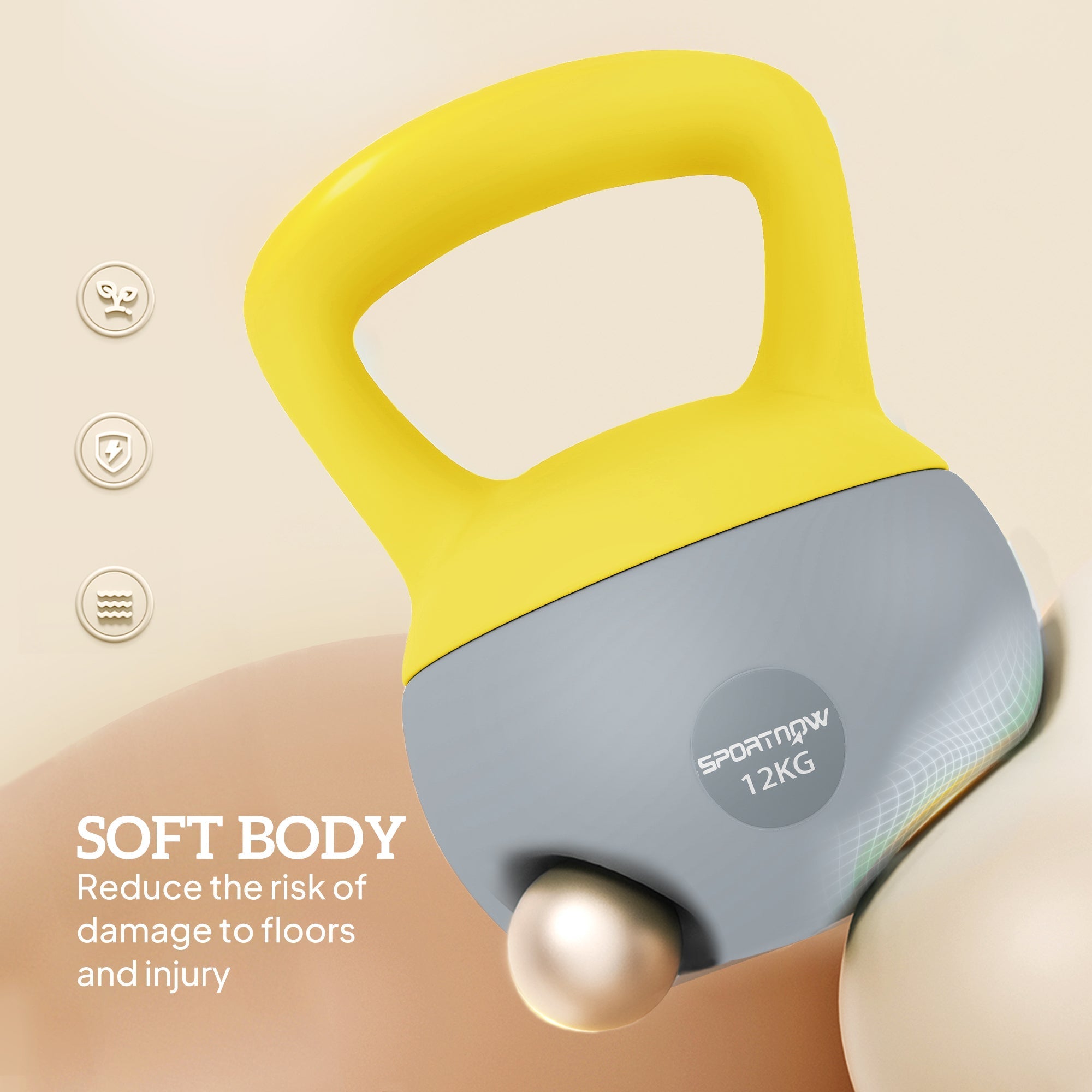 Sportnow 12kg soft kettlebell in yellow and gray with non-slip handle filled with metal sand for strength training