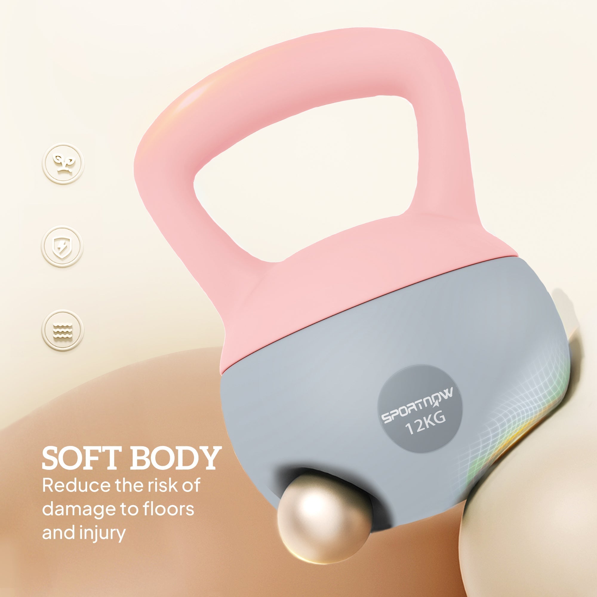 Sportnow 12kg soft kettlebell in pink and gray with non-slip handle and metal sand for home strength training